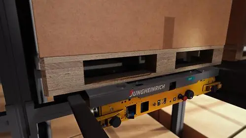 מבט חזית של שאטל דו-כיווני אוטונומי לנייד משטחים מדף למדף – פתרון לוגיסטי חכם מבית יונגהיינריך