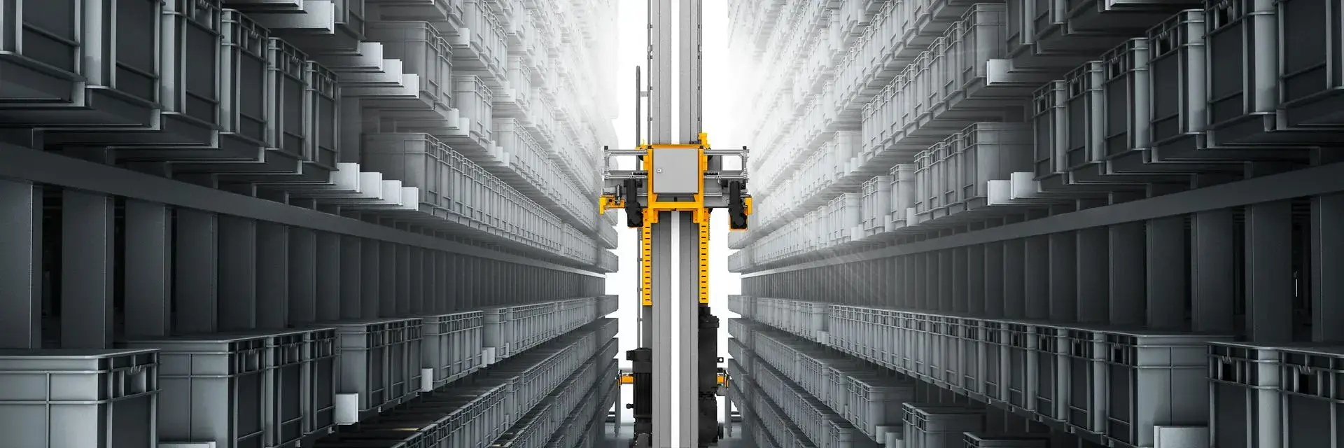 מבט אווירי על מנוף ערמה אוטומטי מסוג Miniload בין מדפי אחסון גבוהים, תפעול מדויק של מכולות קטנות במחסן אוטומטי